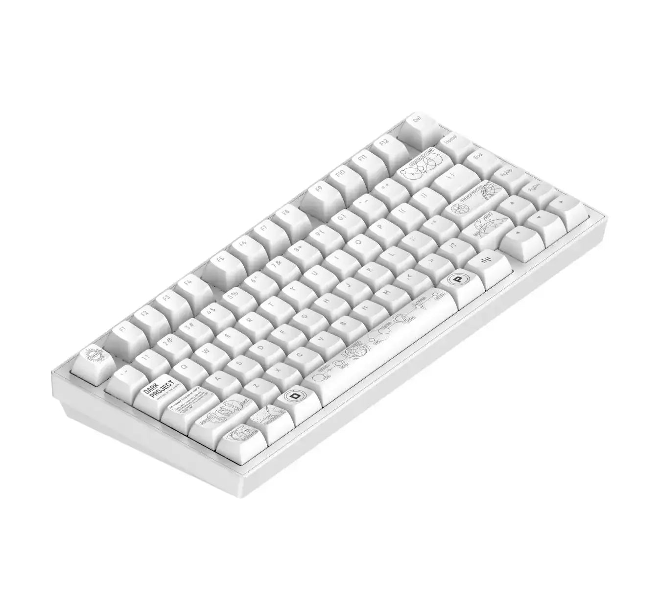biała klawiatura mechaniczna z ozdobnymi keycapami, nowoczesny desk setup