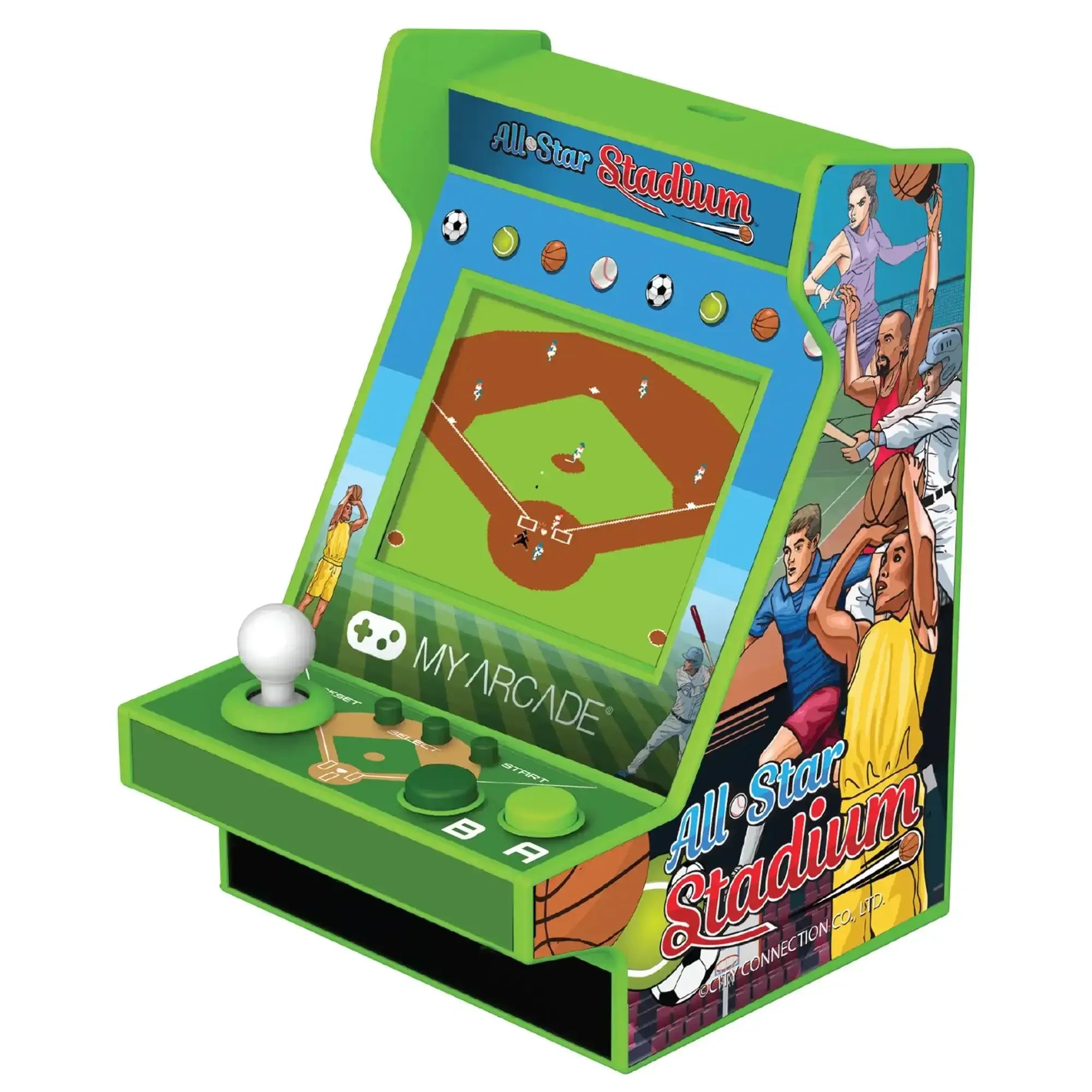 Zielona mini konsola arcade All-Star Stadium z motywem sportowym, joystickiem, piłkarzami i ekranem do gier retro.