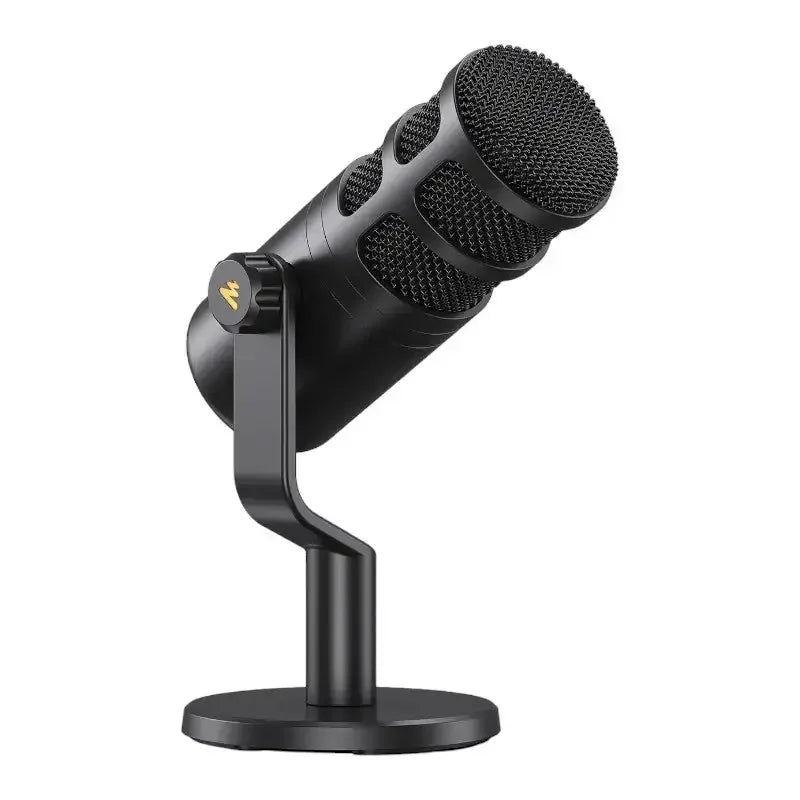 czarny mikrofon biurkowy na statywie, akcesoria do home office, sprzęt audio do pracy zdalnej