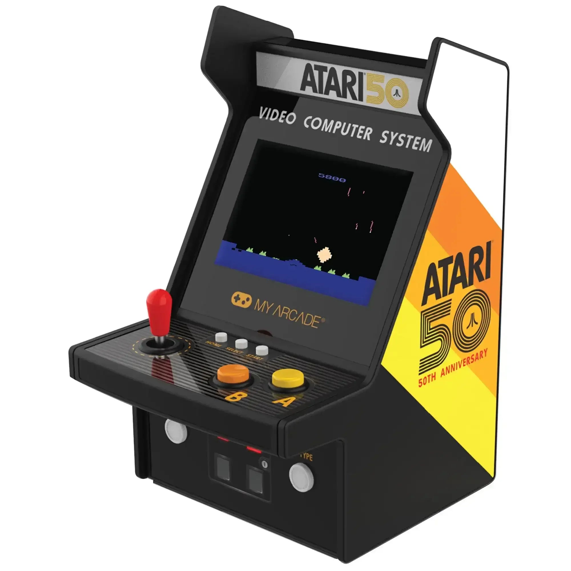 Mini automat do gier retro Atari 50th Anniversary z joystickiem i kolorowymi przyciskami.