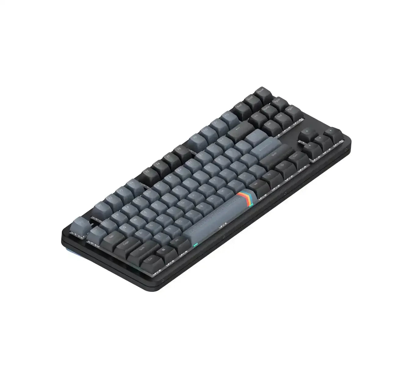 Klawiatura mechaniczna, czarno-szare keycapy, kompaktowy układ, akcesoria do biura