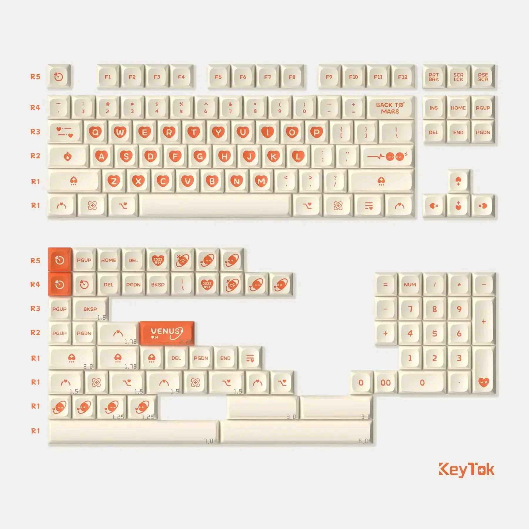 Zestaw kremowo-pomarańczowych keycapów do klawiatury mechanicznej z motywem serc i planet, akcesoria desk setup.