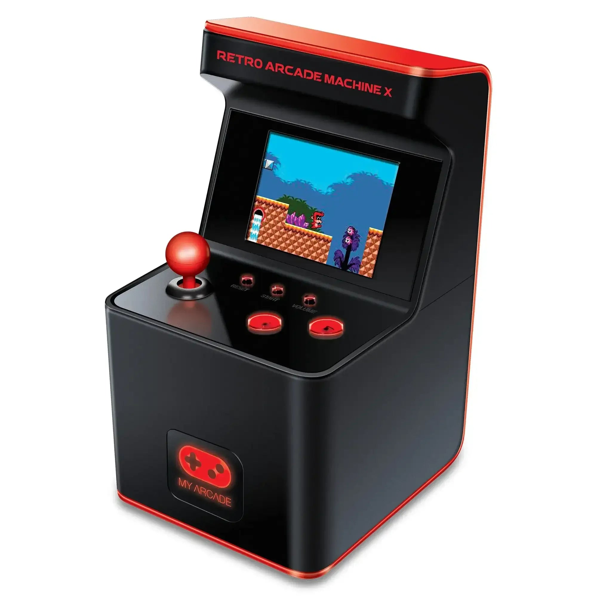 Czarna retro konsola arcade z joystickiem, wyświetlaczem i czerwonymi przyciskami do gier