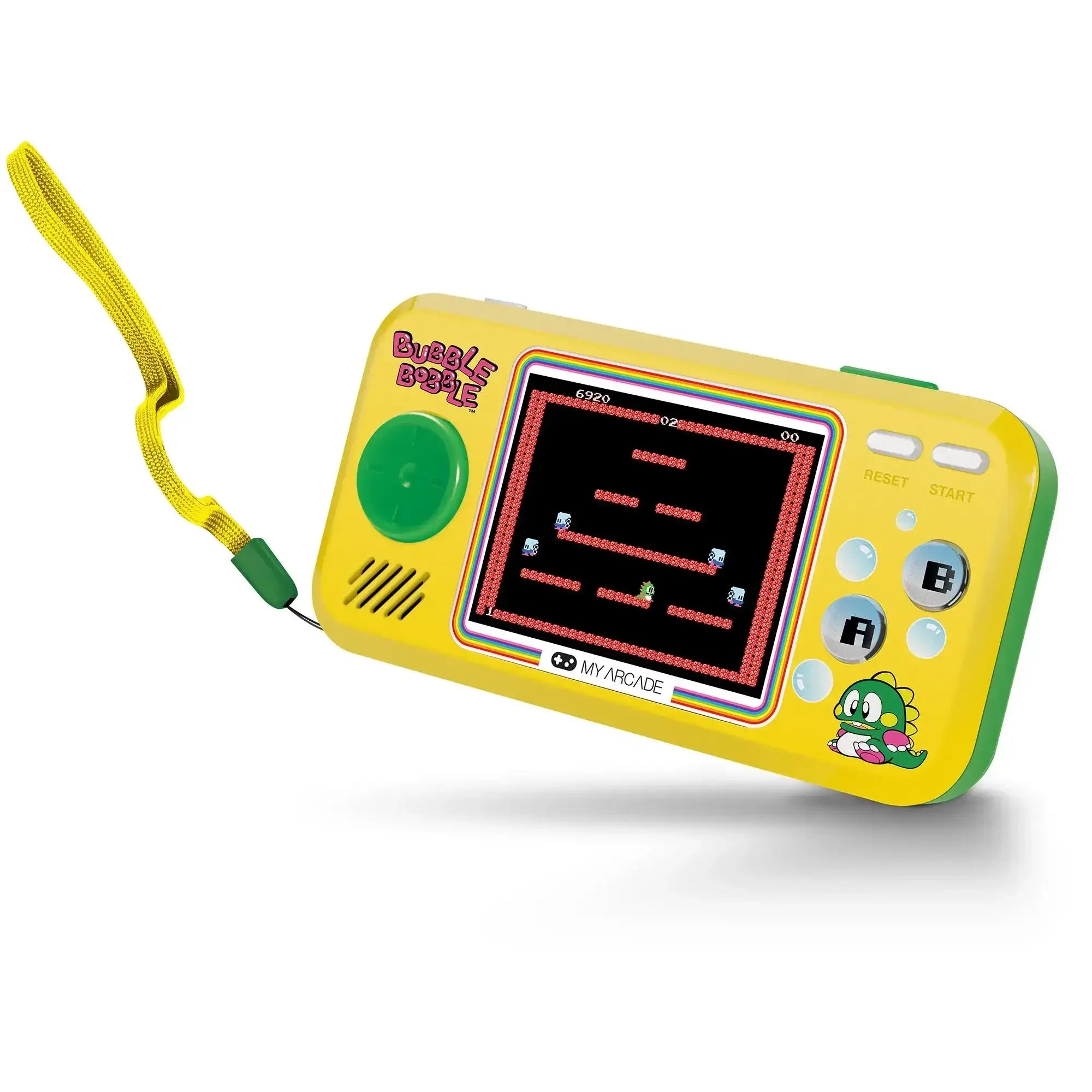 Żółta konsola retro do gier Bubble Bobble z wyświetlaczem LCD, przyciskami i paskiem na rękę.