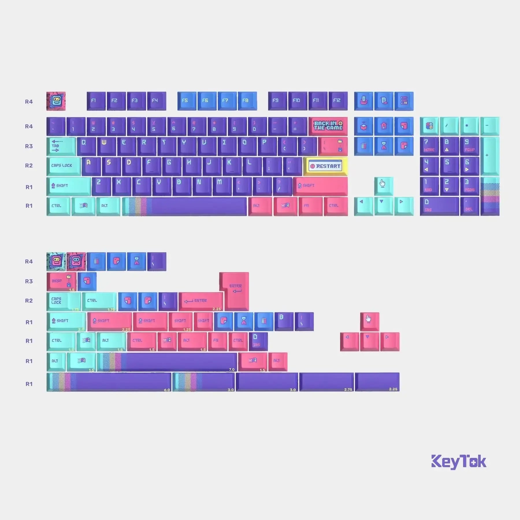 Kolorowe keycapy do klawiatury mechanicznej z motywem retro gaming, fioletowe, niebieskie i różowe.