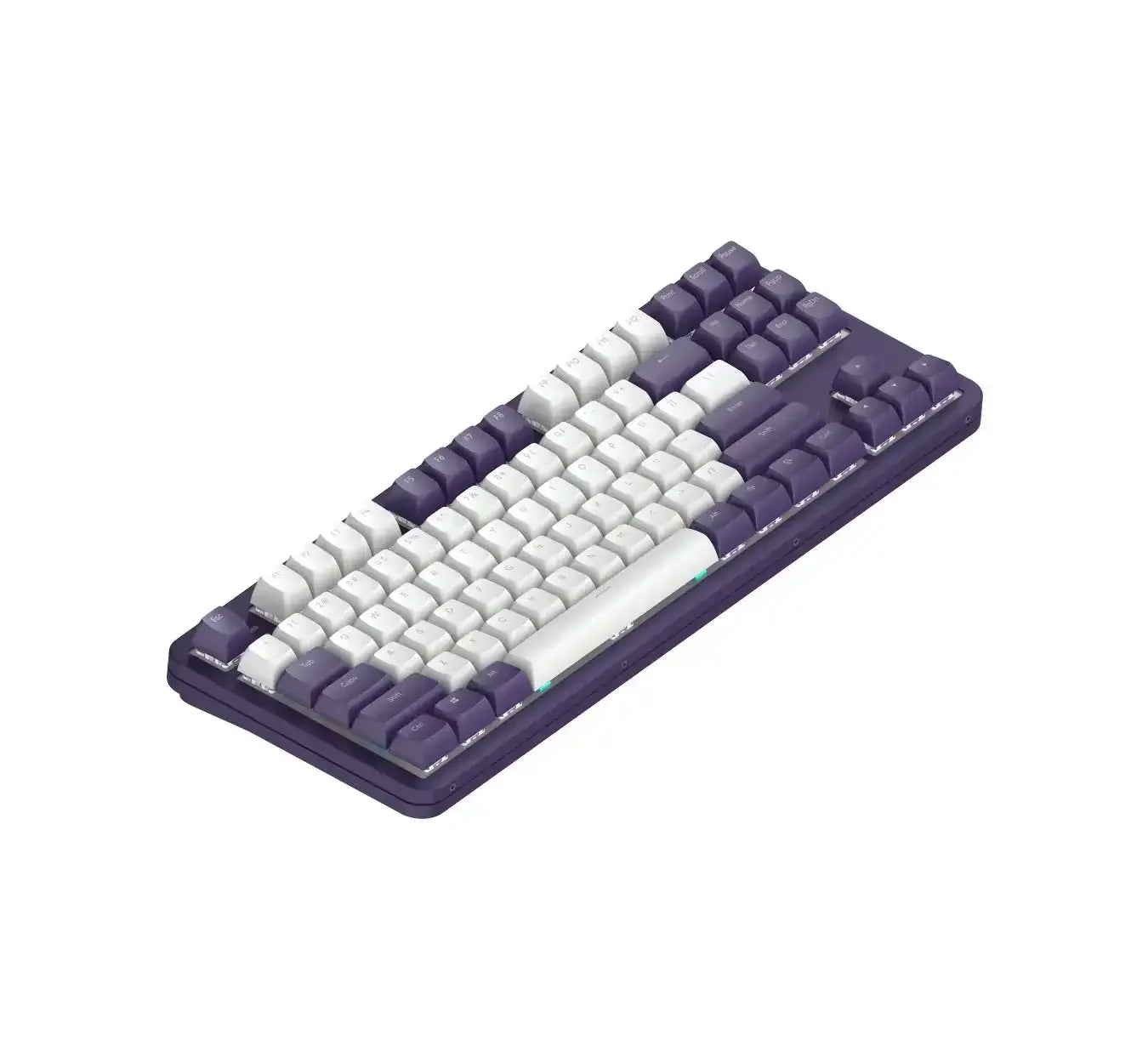 Mechaniczna klawiatura z fioletowymi i białymi keycapami, nowoczesny design