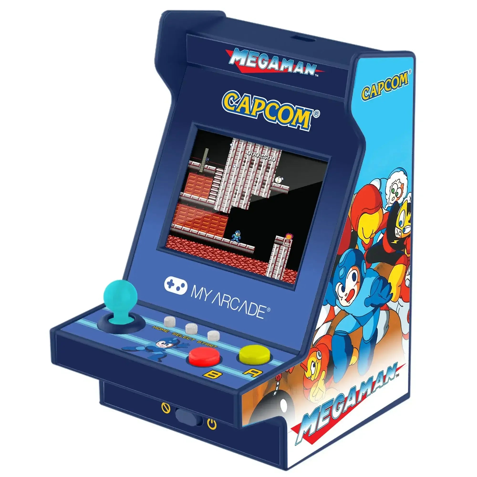 mini automat arcade Mega Man z joystickiem, kolorowy retro gadżet do biura lub home office