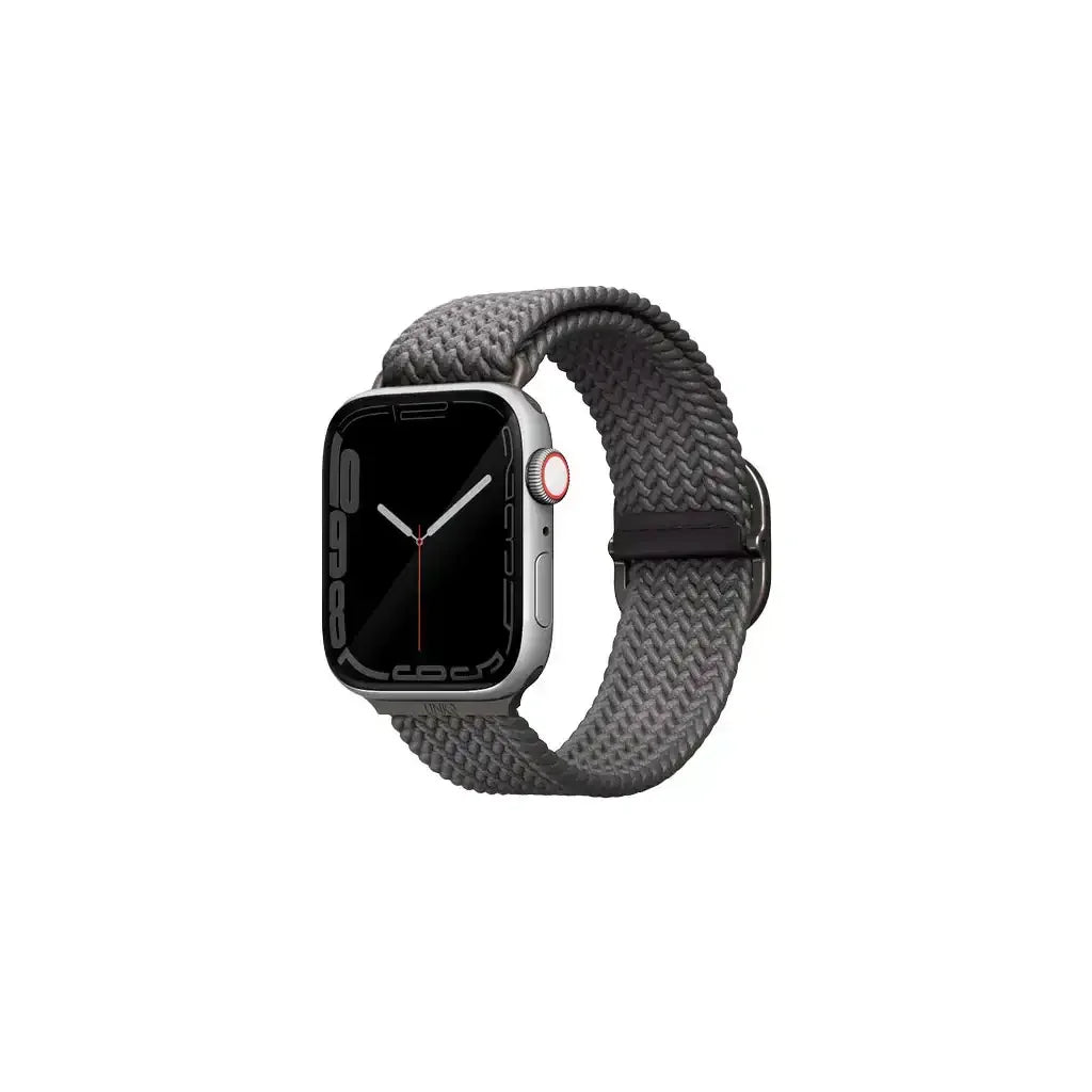 Smartwatch z szarą plecioną opaską, nowoczesny zegarek akcesorium biurowe