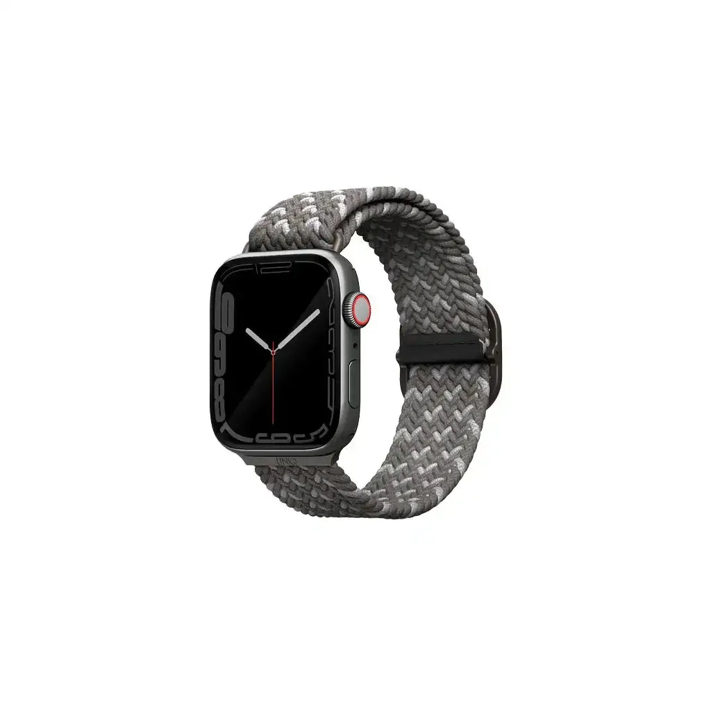 Smartwatch z wyświetlaczem dotykowym na szarej, plecionej opasce Pebble Grey na białym tle