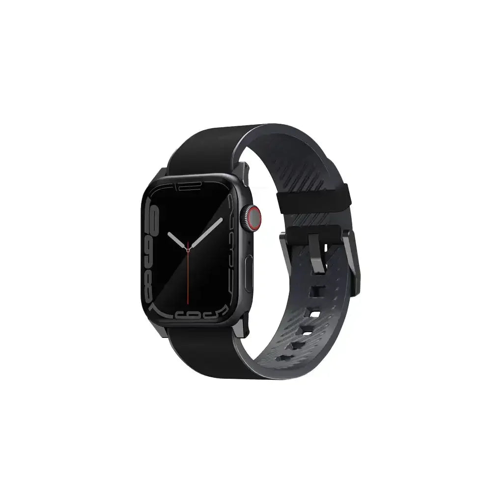 Czarny pasek sportowy do smartwatcha, widok z boku, minimalistyczny design.