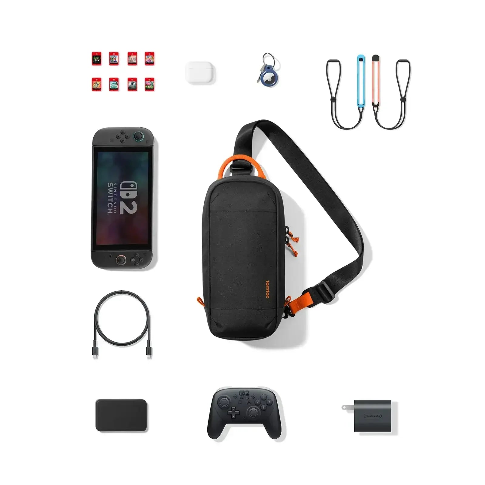 Zestaw akcesoriów do Nintendo Switch: torba, konsola, pady, etui na gry, ładowarka, kabel USB-C.