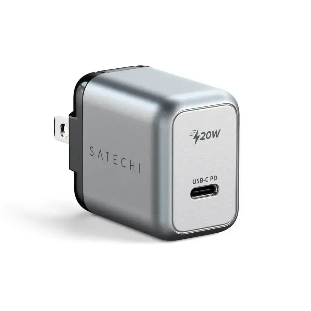 Srebrna ładowarka ścienna USB-C PD 20W, szybkie ładowanie do biura i home office.