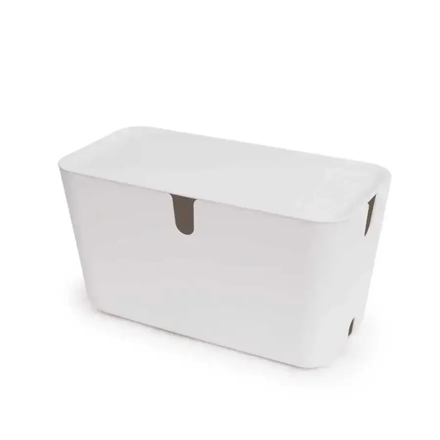 biały organizer na kable biurowe z pokrywą, minimalizm, akcesoria do home office