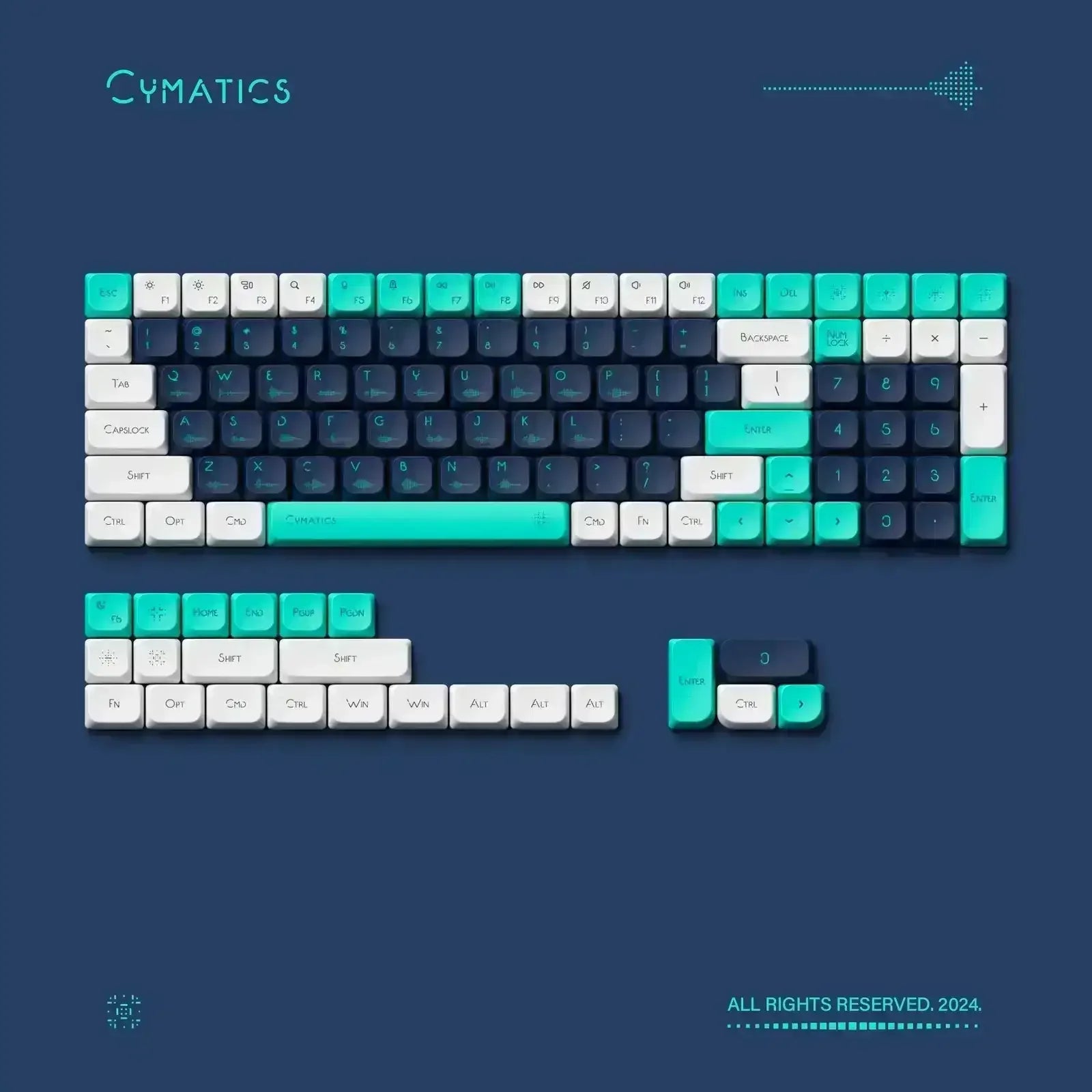 Keycapy do klawiatury mechanicznej w kolorach biały, turkusowy i granatowy na niebieskim tle.
