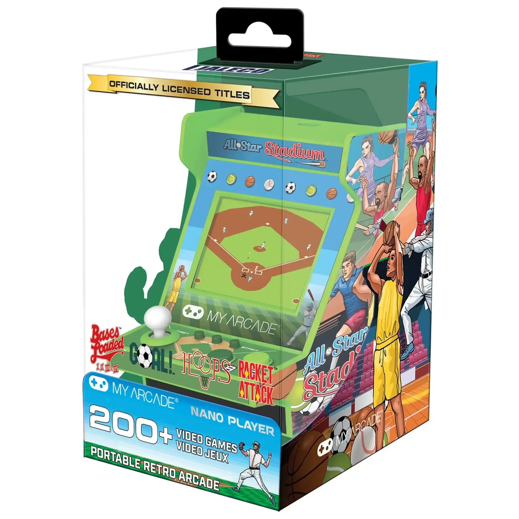 Opakowanie mini konsoli retro arcade do gier sportowych, ilustracje sportowców, joystick.