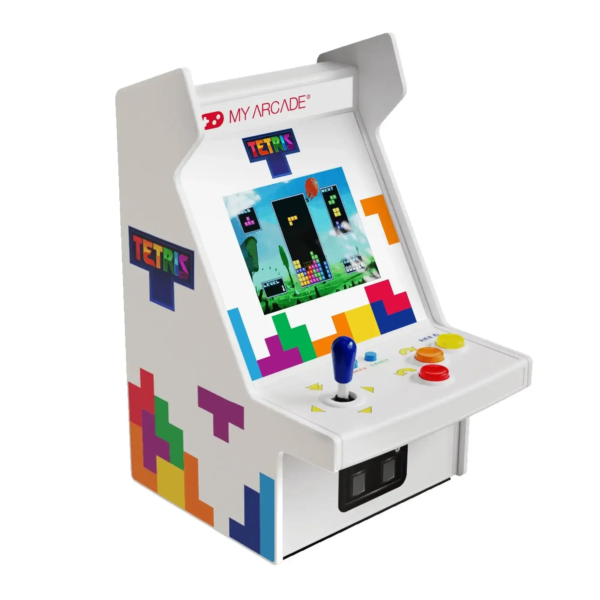Biała mini konsola arcade z grą Tetris, joystickiem i kolorowymi przyciskami, motyw biurowy