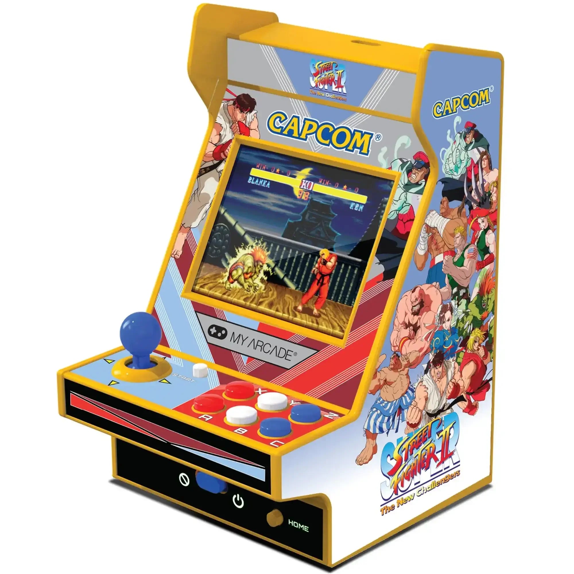 mini automat arcade Street Fighter II, kolorowy, joystick i przyciski, retro konsola do gier