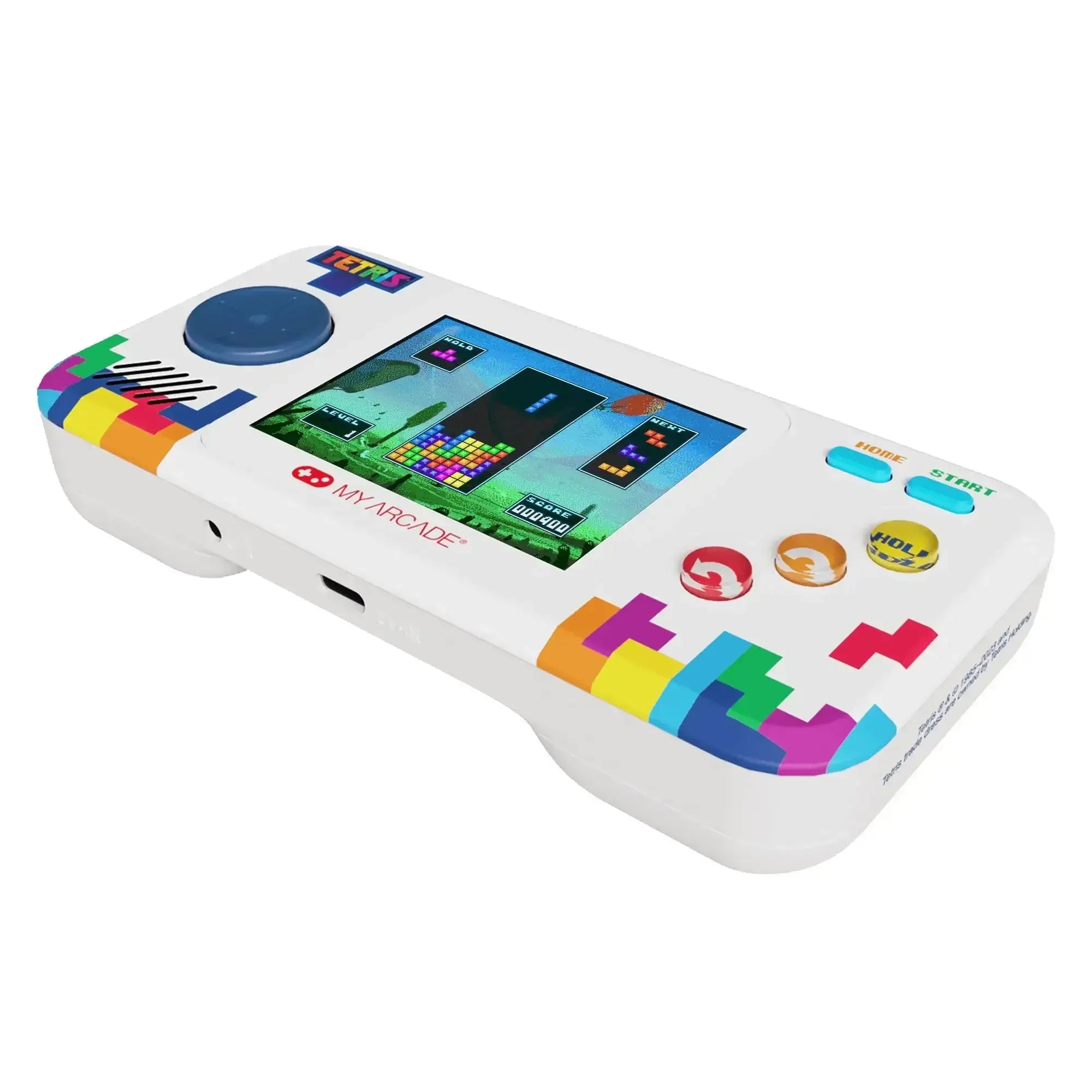 Biała konsola przenośna do gier retro z ekranem LCD wyświetlająca grę Tetris, kolorowe przyciski i motyw klocków.