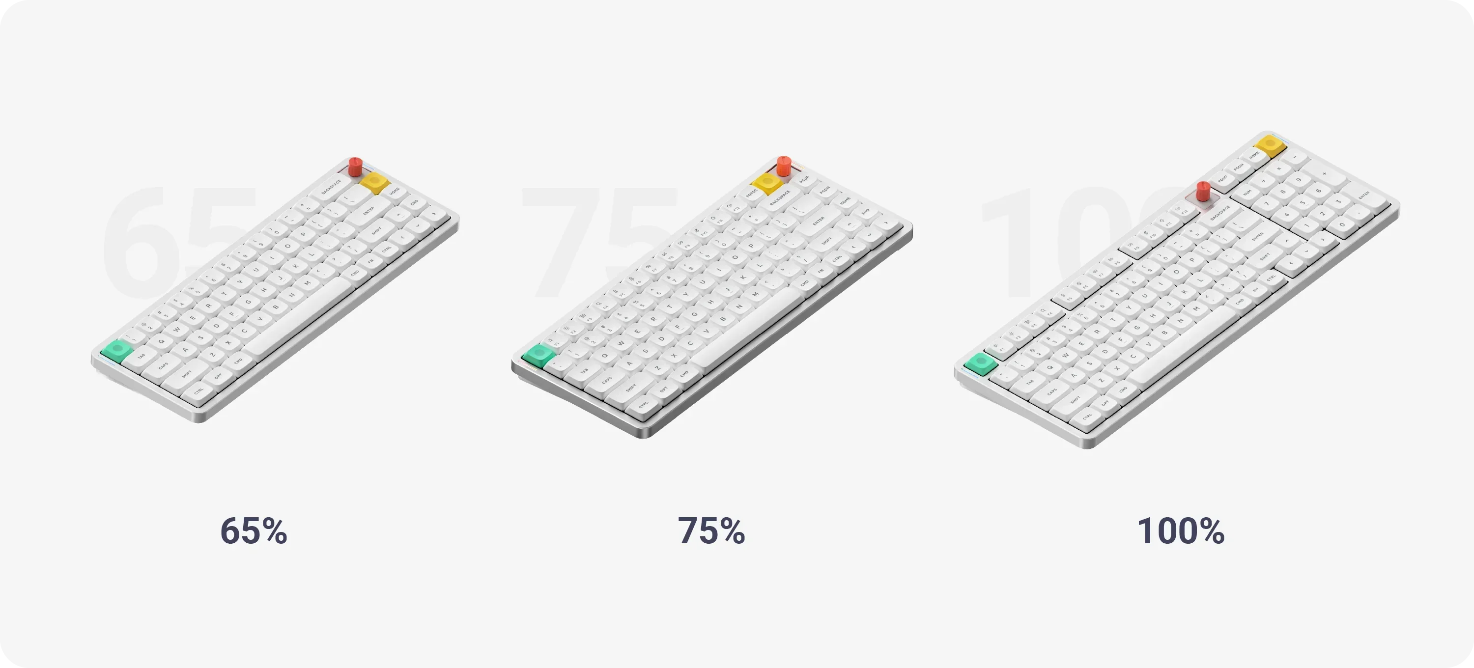 Trzy białe klawiatury mechaniczne 65%, 75% i 100% z kolorowymi przyciskami dla Home Office