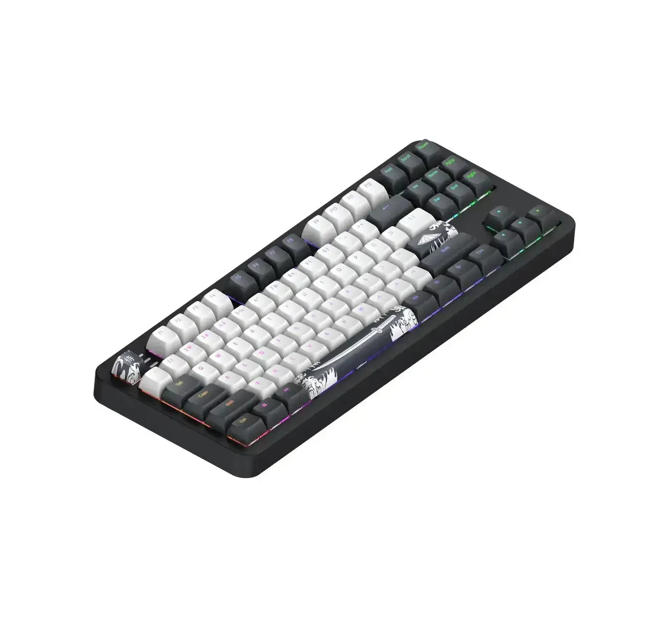 Klawiatura mechaniczna z czarno-białymi keycapami, podświetlenie RGB, motyw graficzny