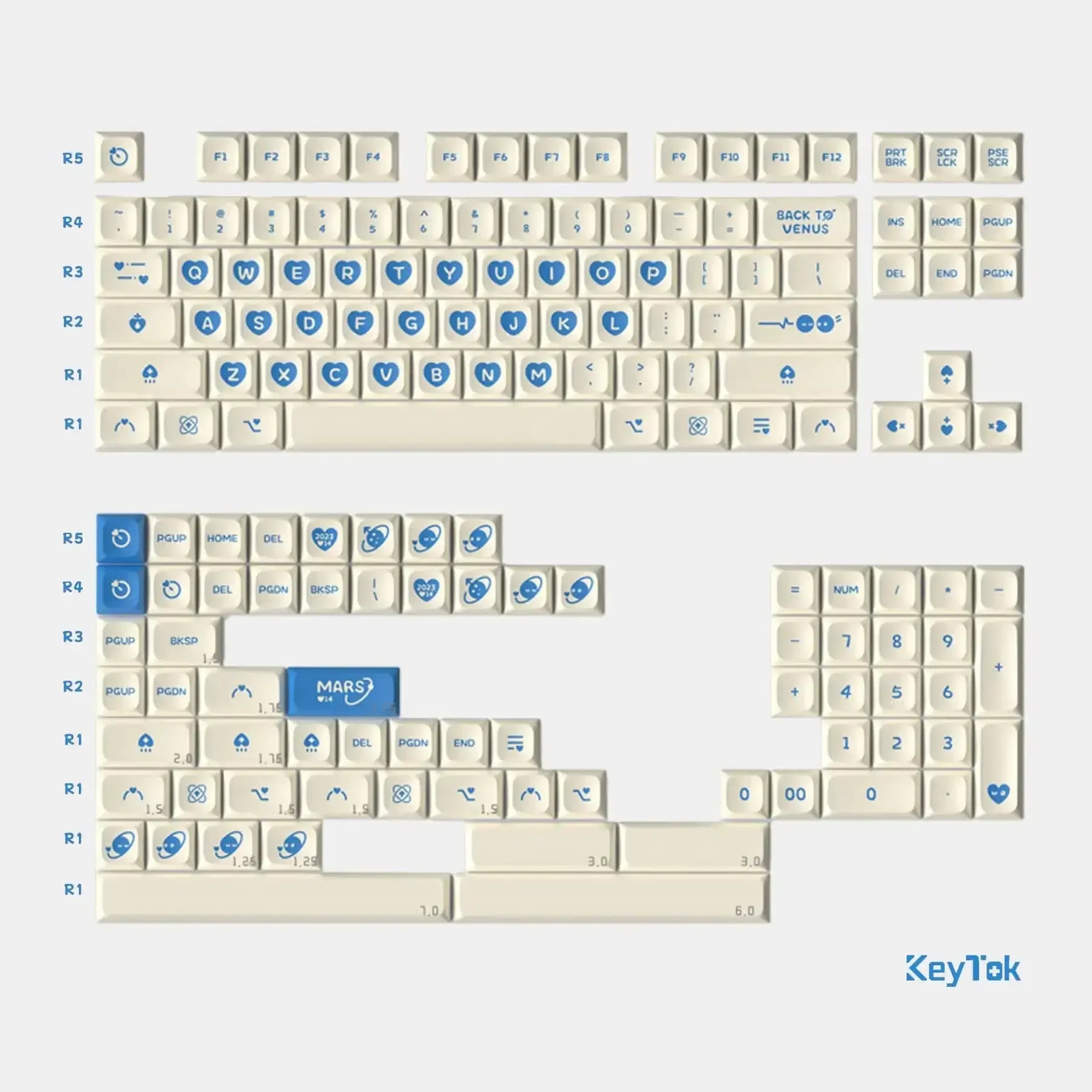 zestaw kremowych keycapów do klawiatury mechanicznej z niebieskimi ikonami i napisami