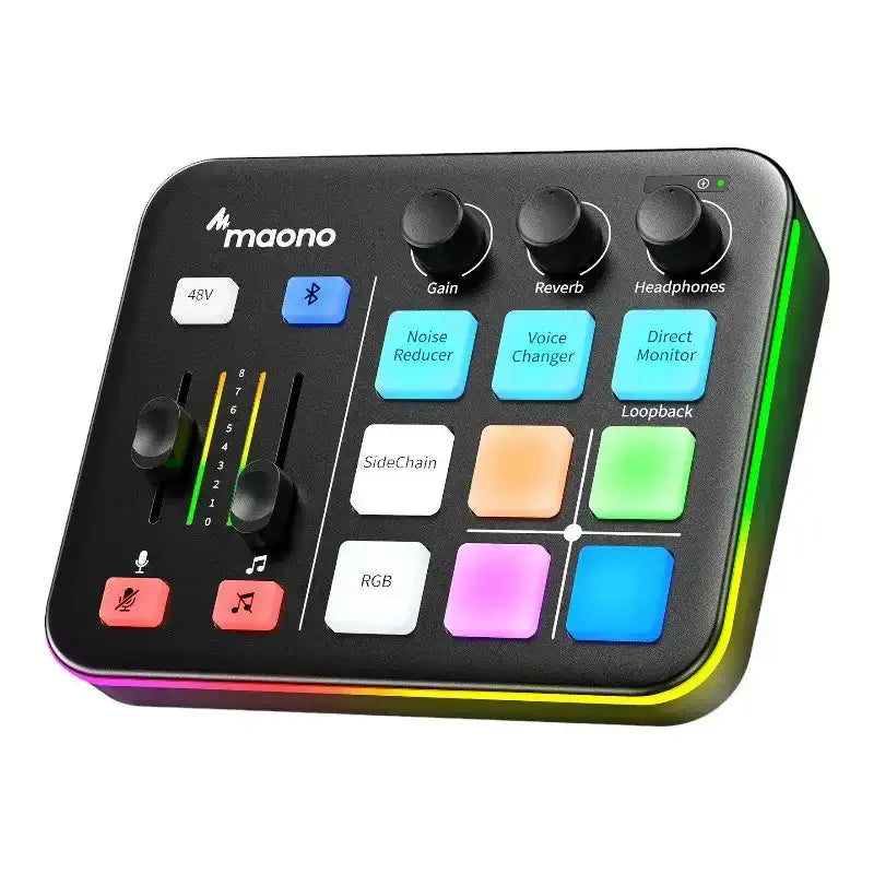 Nowoczesny kontroler audio Maono z podświetleniem RGB, przyciski do miksowania dźwięku, ustawienia domowego biura.