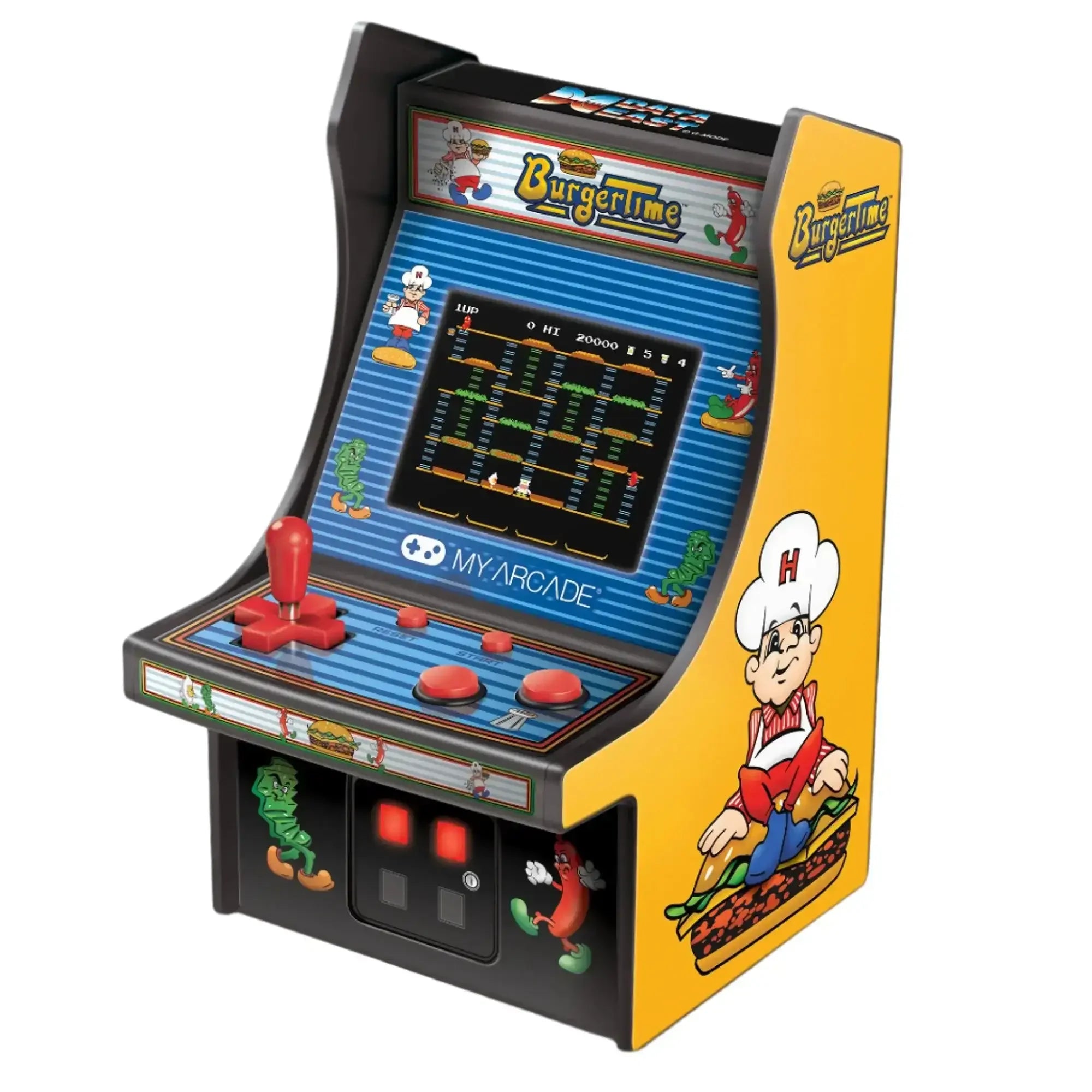 Miniaturowy automat arcade BurgerTime, retro gra zręcznościowa z joystickiem i kolorową grafiką.