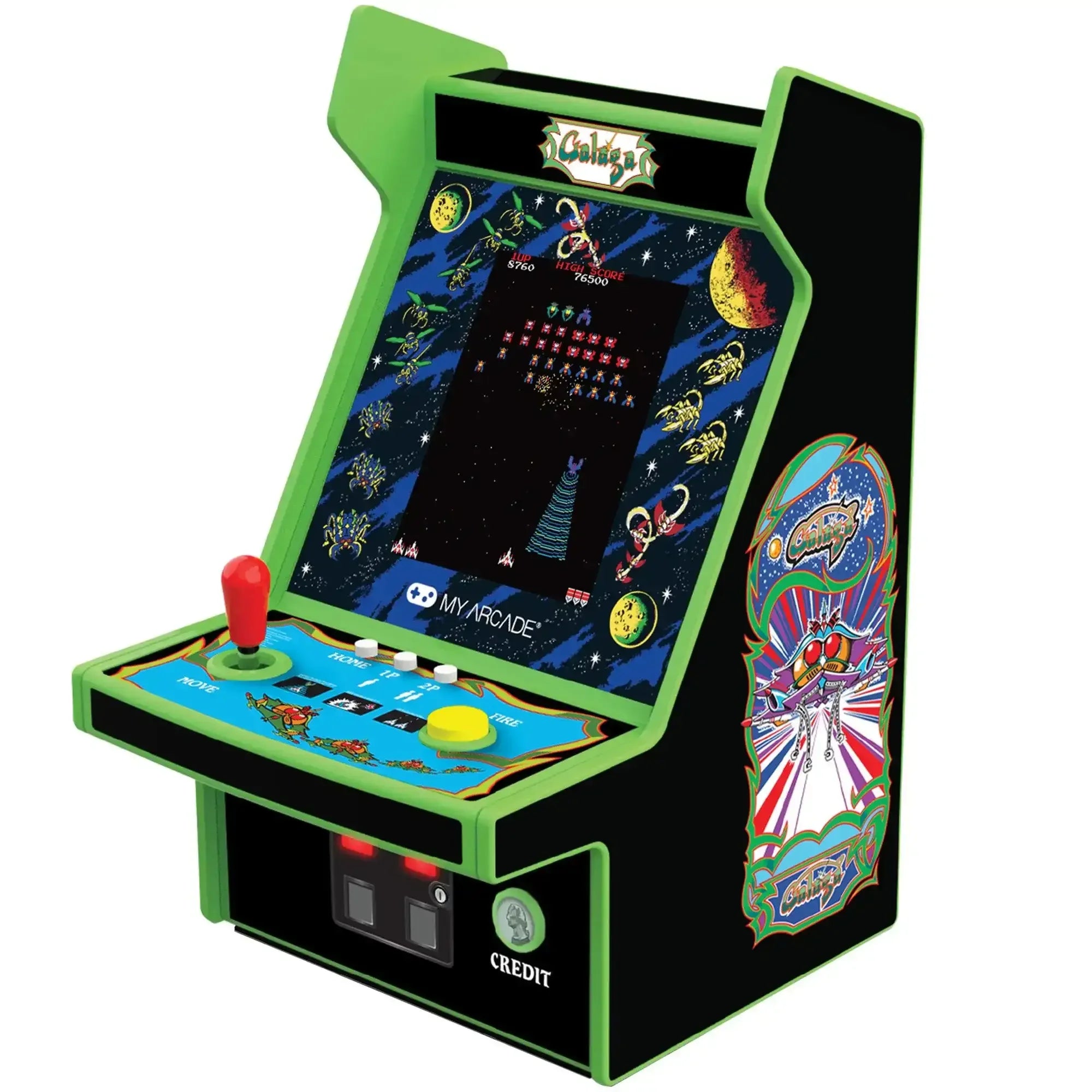Mini automat arcade Galaga z joystickiem i kolorową grafiką retro do biura i domu