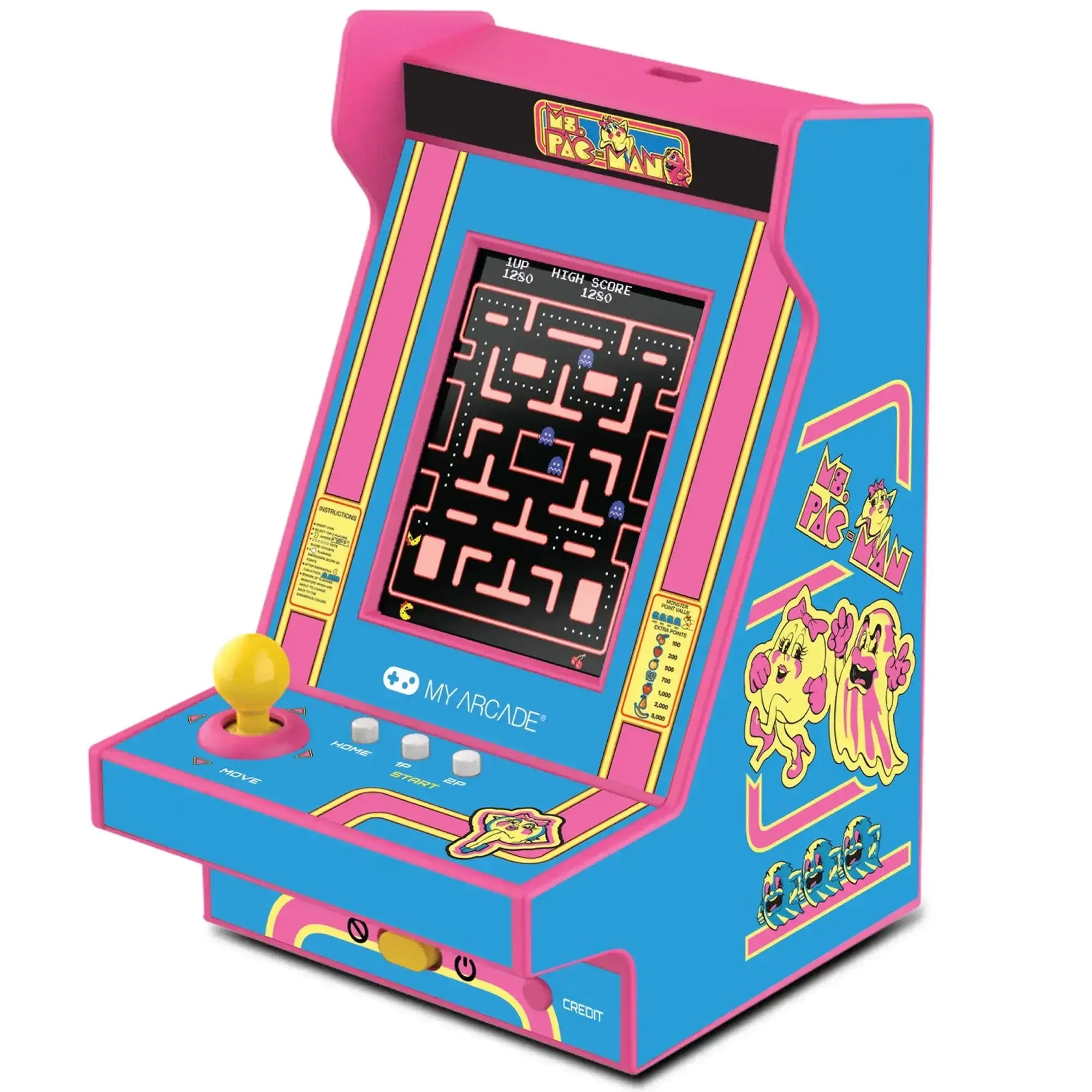 Kolorowa mini konsola retro arcade z grą Ms. Pac-Man, joystick i przyciski.
