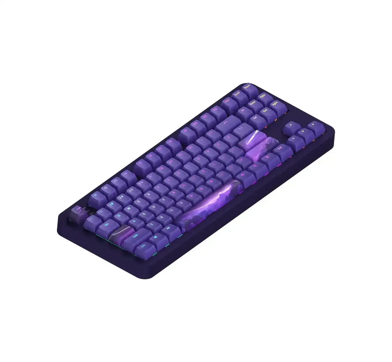 Fioletowa klawiatura mechaniczna z keycapami z motywem błyskawicy, akcesoria do biura