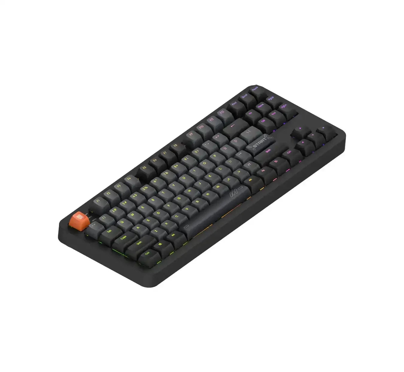 Czarna klawiatura mechaniczna RGB z podświetleniem, pomarańczowym klawiszem i minimalistycznym designem