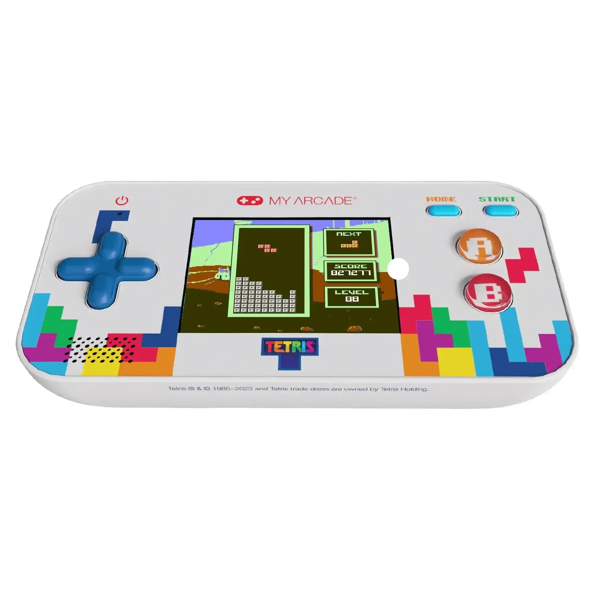 Przenośna konsola retro z kolorową obudową, ekranem LCD i grą Tetris na wyświetlaczu.