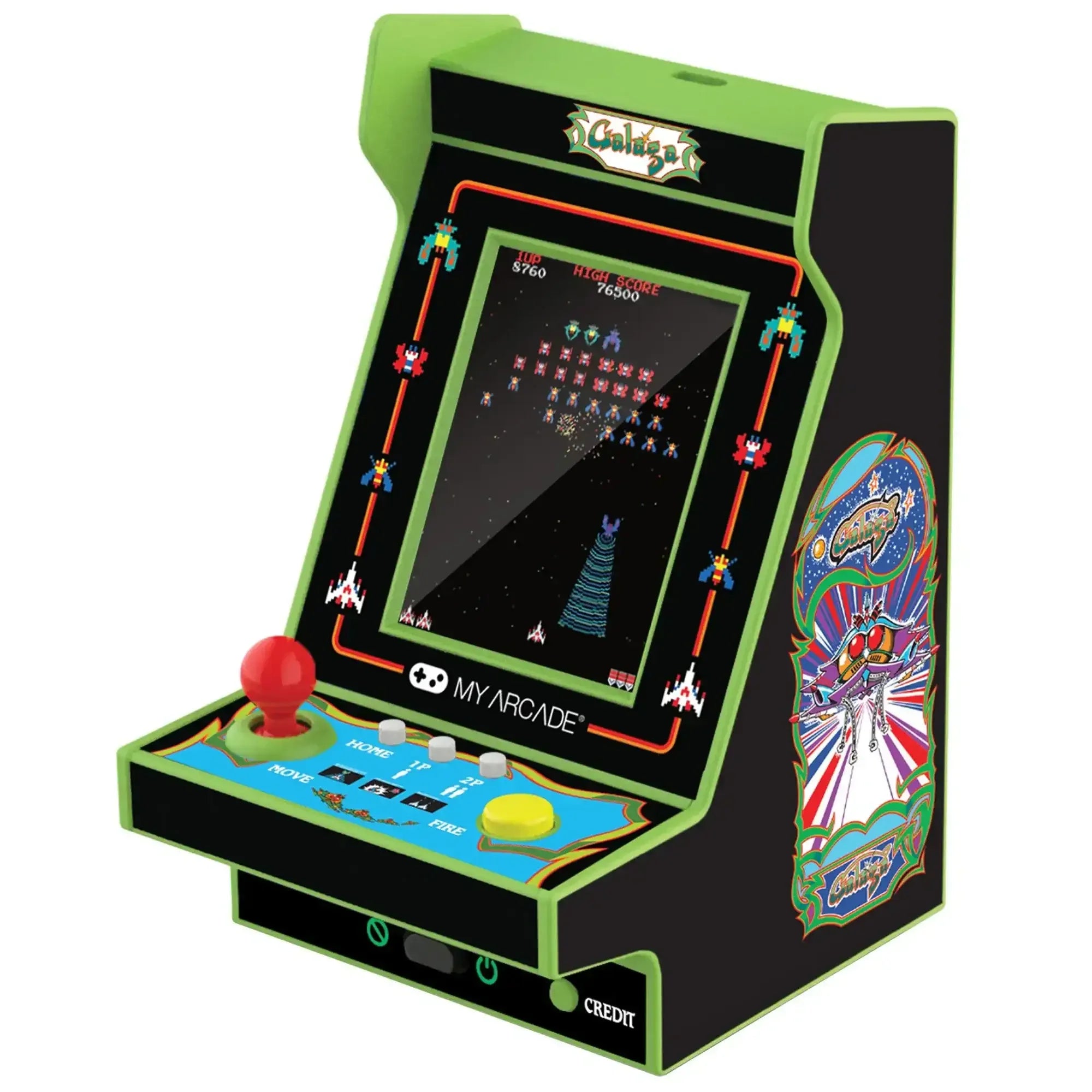 Miniaturowa zielono-czarna konsola do gier retro arcade z joystickiem i kolorowym ekranem.