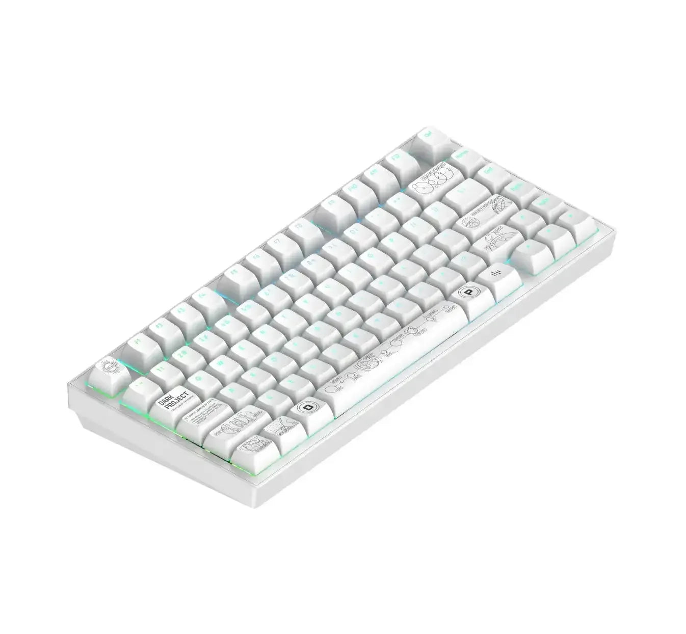 biała klawiatura mechaniczna z podświetleniem RGB, nowoczesny design, keycapy z nadrukiem