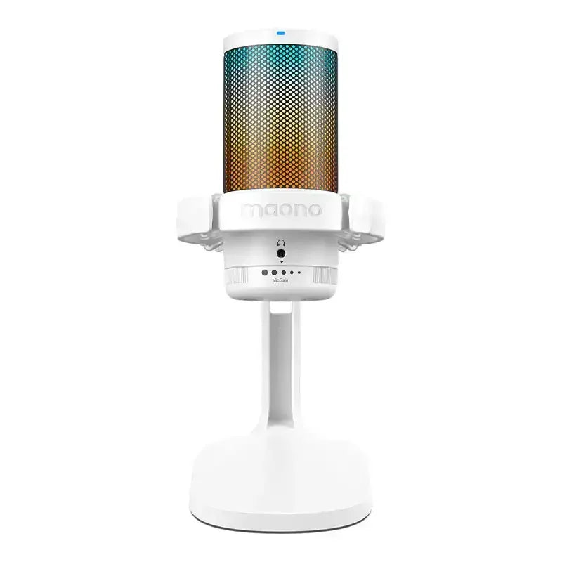 Biały mikrofon biurowy USB z podświetleniem RGB, idealny do home office i nagrań.