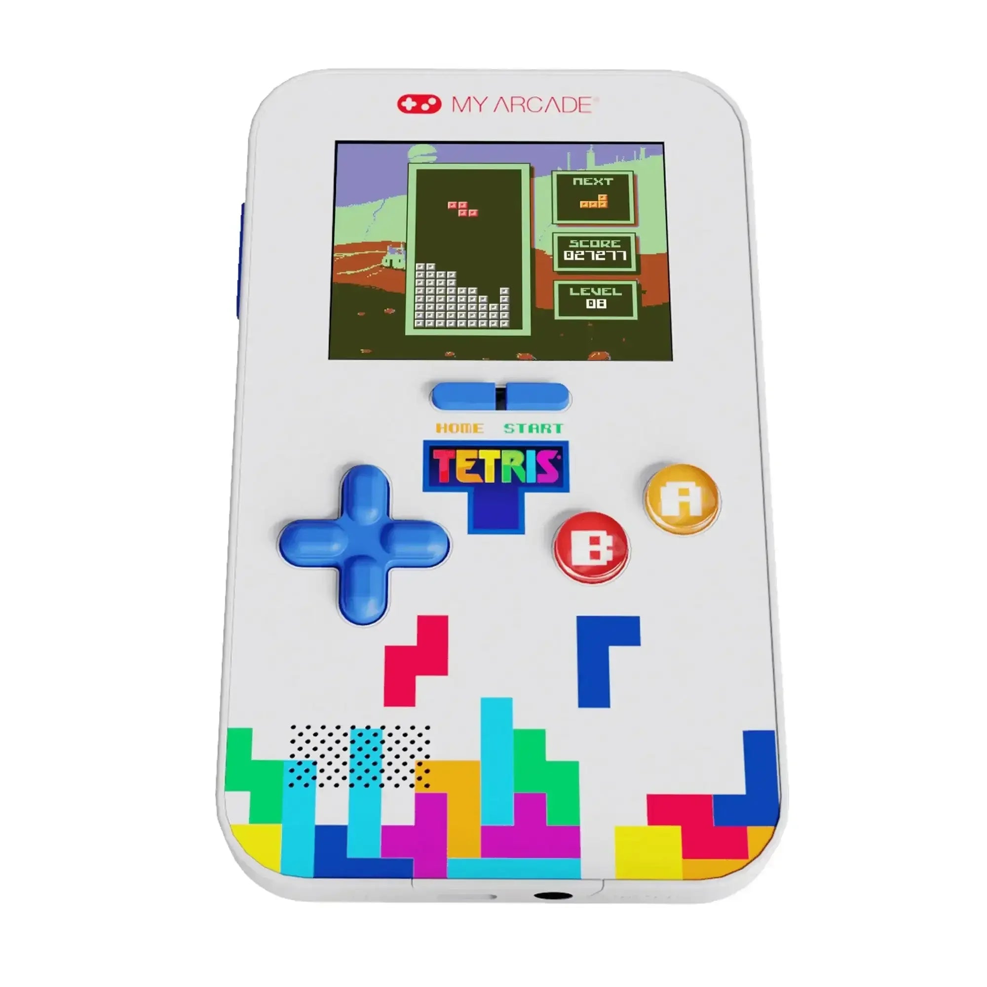 Biała konsola retro z kolorowymi klockami Tetris, ekran z grą Tetris, przyciski sterujące.