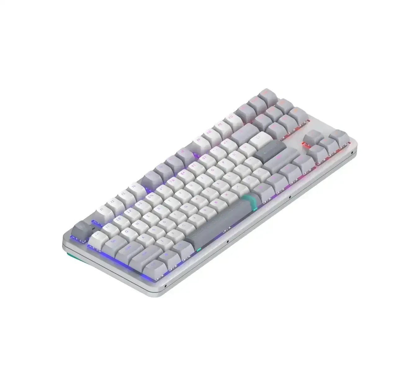 mechaniczna klawiatura RGB z szarymi i białymi keycapami, podświetlenie LED, nowoczesny design