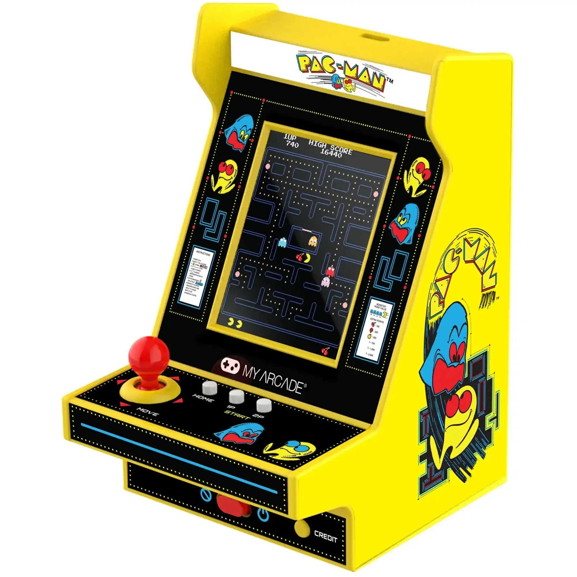 mini arcade maszyna Pac-Man, żółta, retro konsola do gier z joystickiem, dekoracja biurka