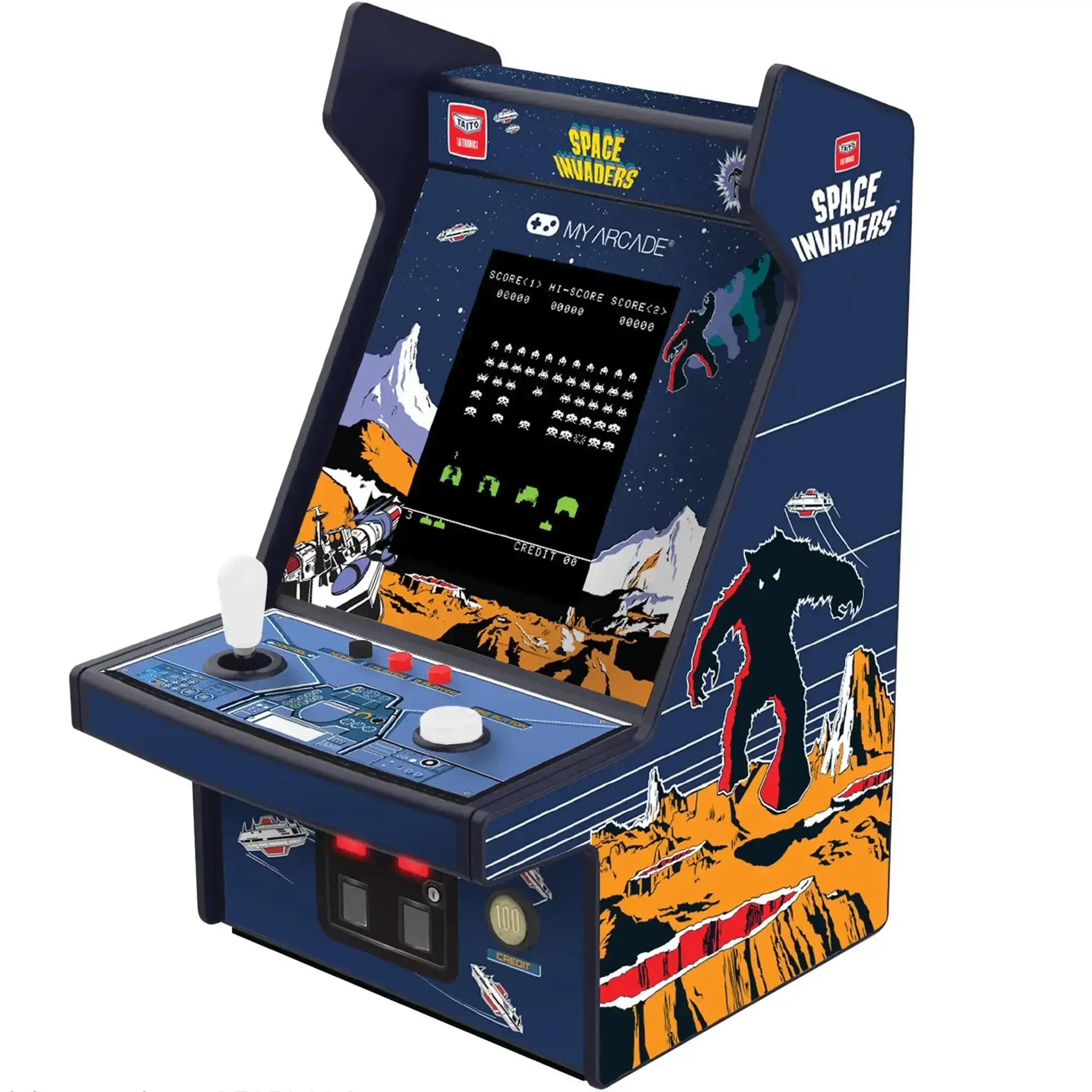 mini automat arcade Space Invaders retro, joystick, ekran z grą, dekoracja kosmiczna