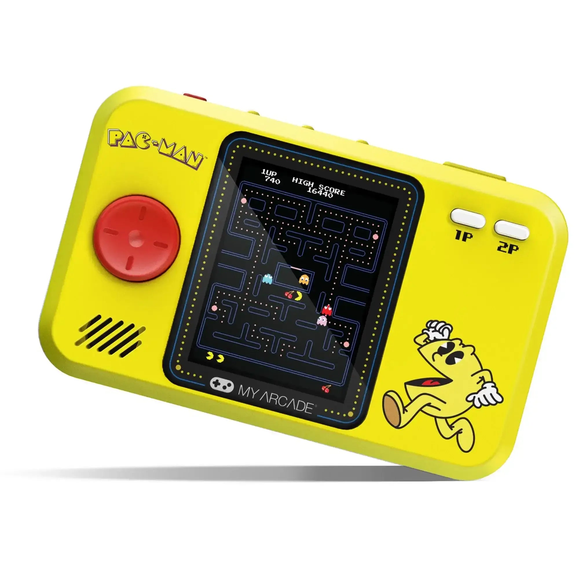 Żółta konsola przenośna do gier retro Pac-Man, joystick, ekran z labiryntem