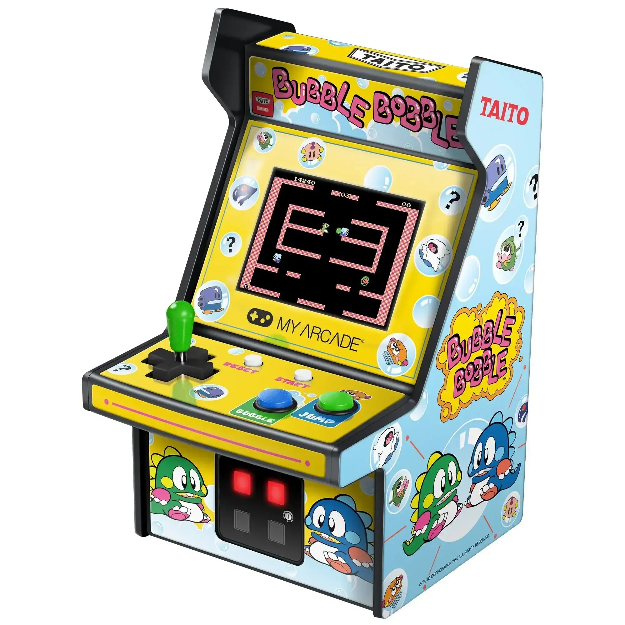 Mini automat retro Bubble Bobble, kolorowy, joystick, przyciski, ekran do gier arcade.