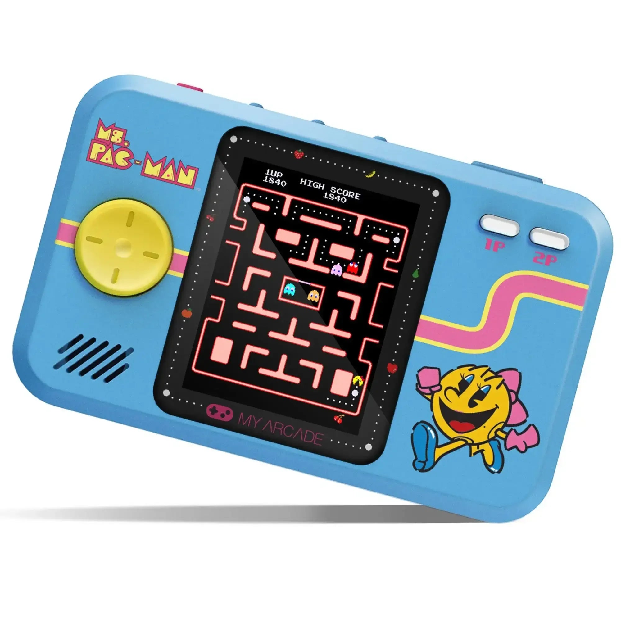 Niebieska konsola retro do gier z ekranem Ms. Pac-Man, joystickiem i kolorowymi przyciskami.