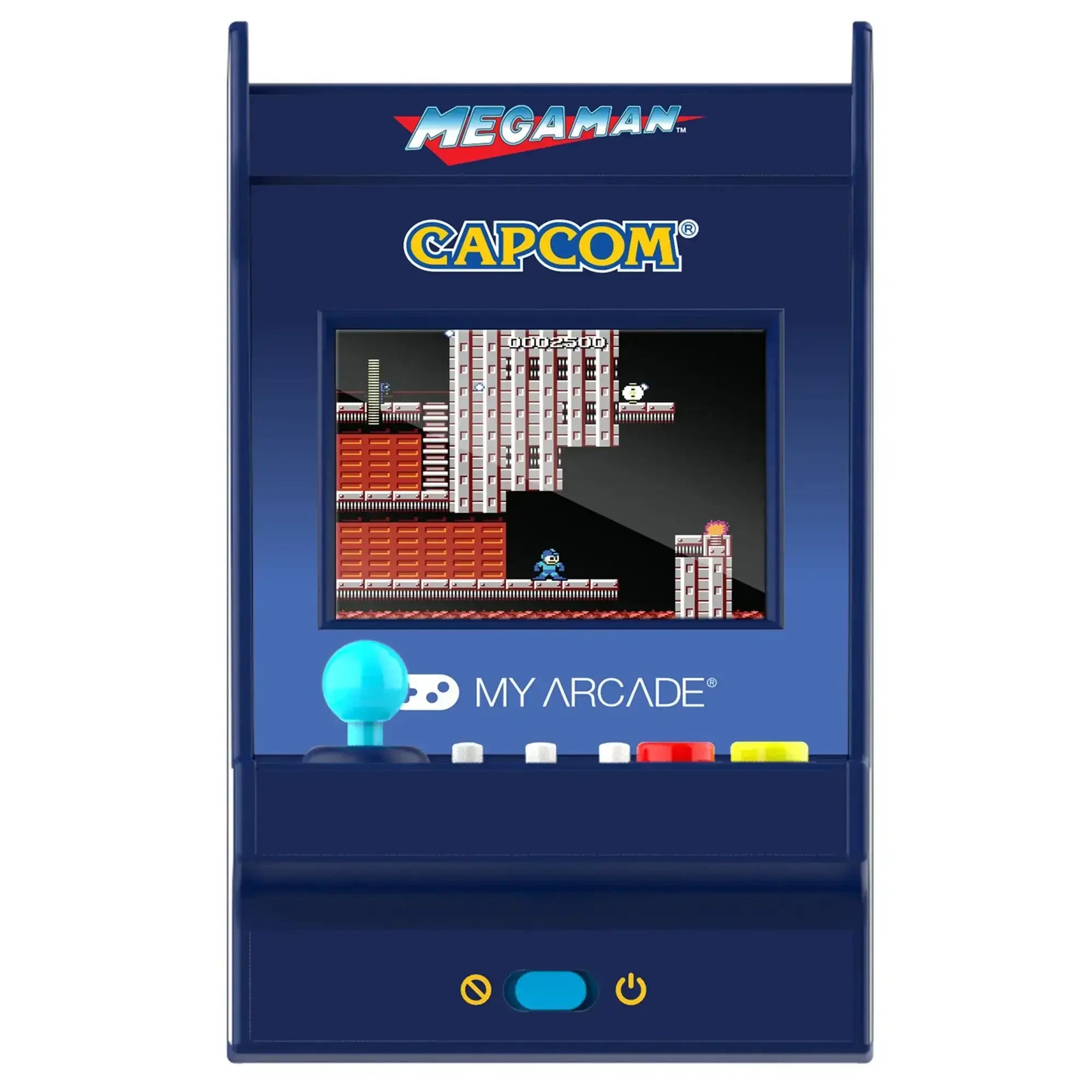 Niebieski mini automat arcade z grą retro Mega Man, joystick, kolorowe przyciski.
