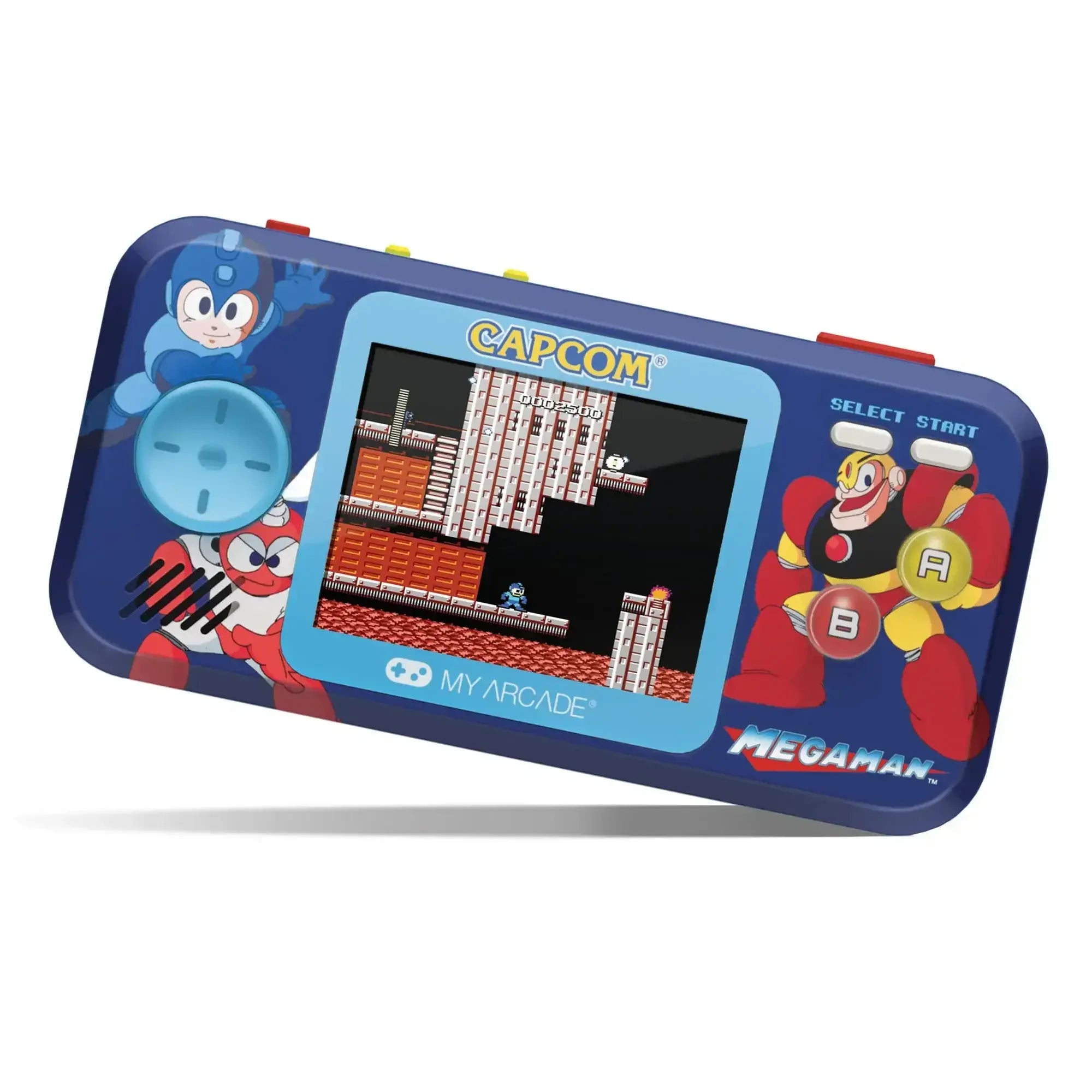 Konsola przenośna do gier retro z motywem Mega Man, kolorowa obudowa, ekran LCD