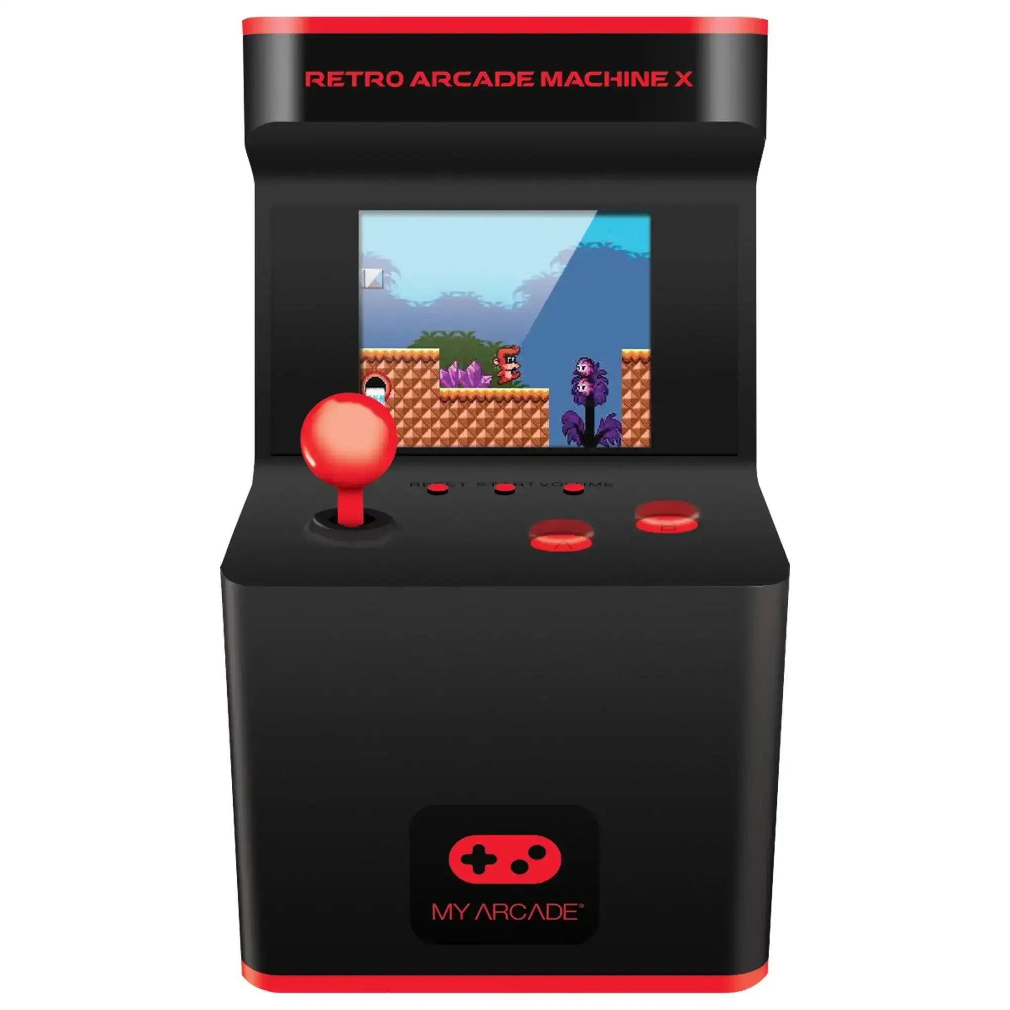 Retro konsola arcade z ekranem, joystickiem i przyciskami, gra platformowa na wyświetlaczu
