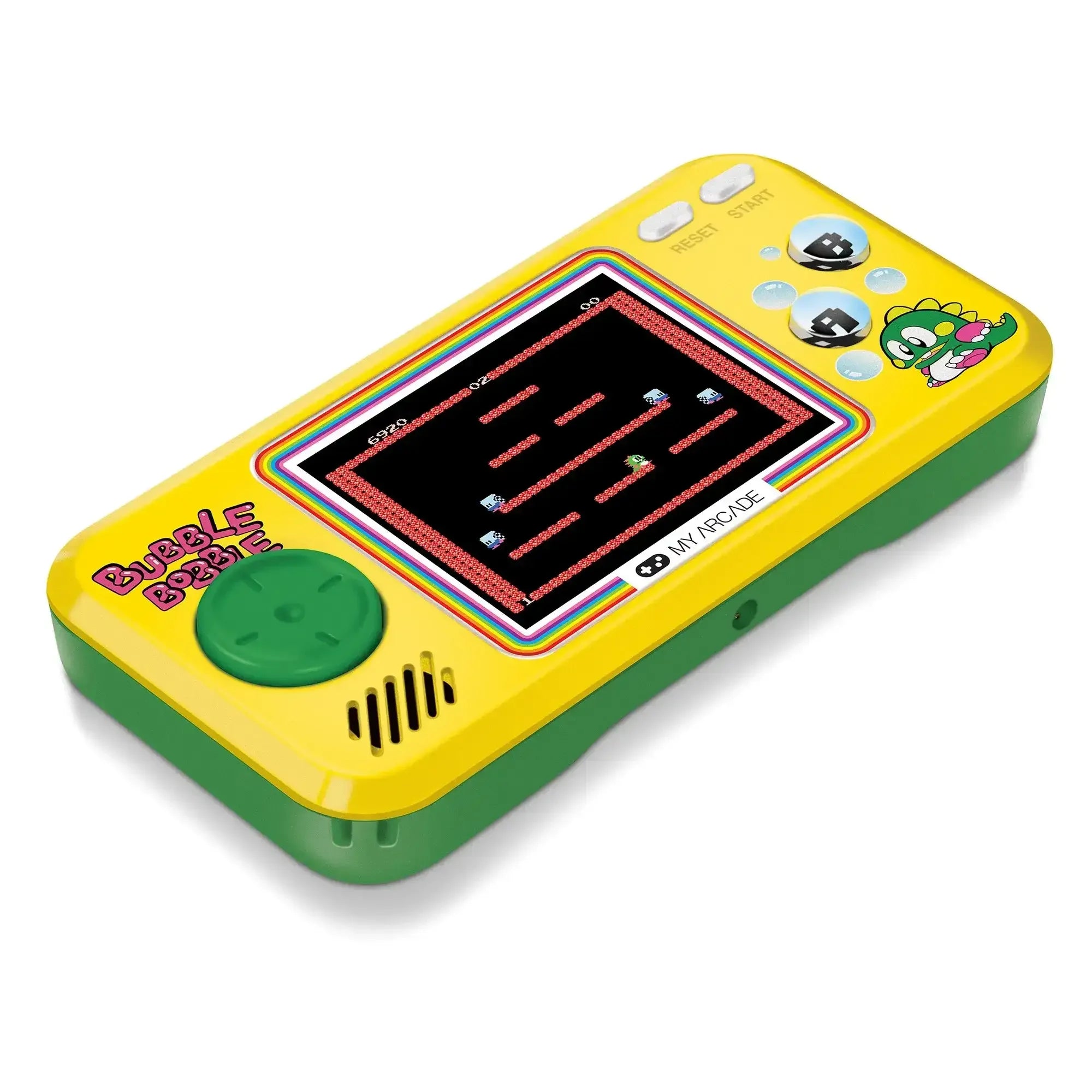 Żółta konsola retro do gier Bubble Bobble z kolorowym ekranem i przyciskami.