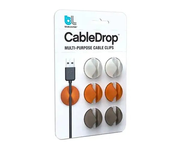 Bluelounge CableDrop kolorowe uchwyty do kabli na blistrze, 6 sztuk do organizacji przewodów