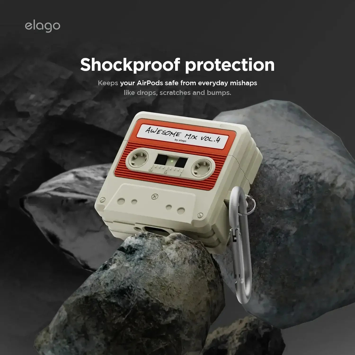 Silikonowe etui na AirPods w kształcie kasety magnetofonowej, z karabińczykiem, na tle skał