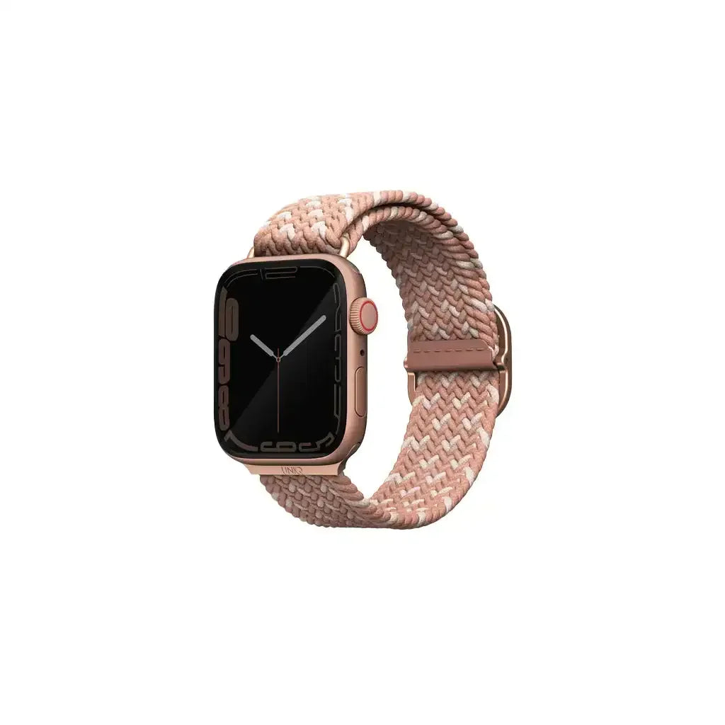Smartwatch z różową, plecioną opaską, minimalistyczny design, akcesoria do biura
