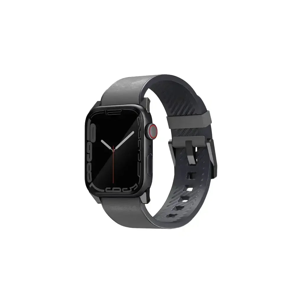 Szary smartwatch z czarnym ekranem na silikonowym pasku, nowoczesny design